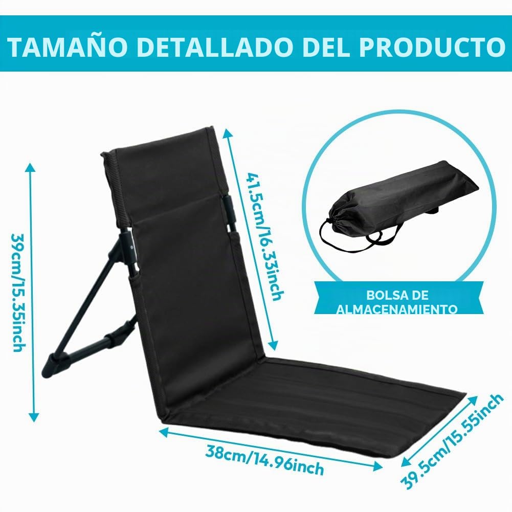 Esterilla Playa con Respaldo, Colchonetas de Playa Plegables y ligeras, silla de suelo para exteriores, con soporte para la espalda, portátil, pícnic, camping, conciertos al aire libre (negro)