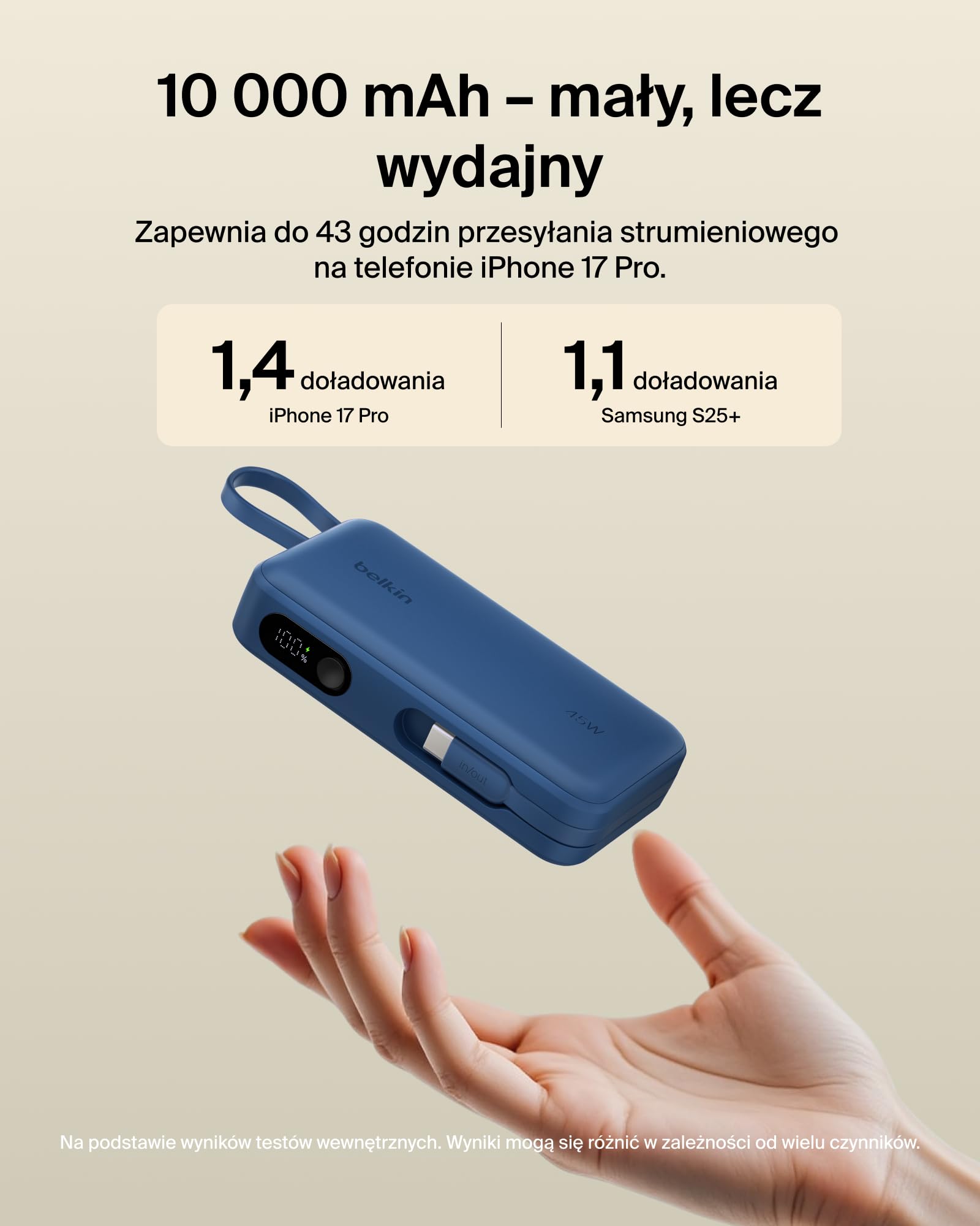 Belkin UltraCharge Powerbank 10 000 mAh, Kabel, Wyświetlacz – Niebieski | Powerbank 10 000 mAh, Ładowanie 3 Urządzeń (1 Port USB-C, 1 Port USB-A, Kabel USB-C), 45 W, Wstępnie Naładowany, Wyświetlacz