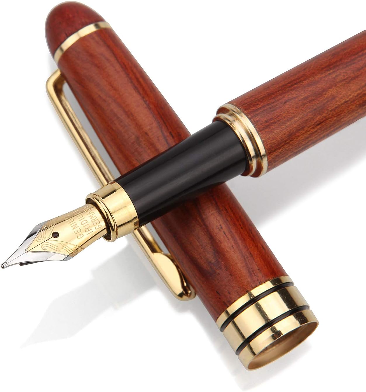 Fine Nib Fountain Pen with Wood 2in1 Pen Stand Gift Case, Vintage Rosewood Barrel Gold Trim Refillable Executive Fountain Pen and Showcase Set (Screw Type Ink Converter) for Business & Writing