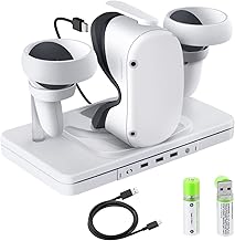TNP - Base de carga para Oculus Quest 2 - Estación de carga de auriculares y controlador de realidad virtual, cable USB-C, carga rápida y transferencia de datos con luz RGB, 3 puertos USB 2.0 y 2