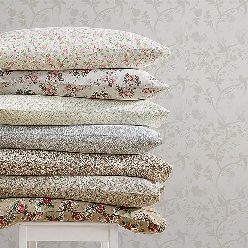 Image of Laura Ashley - Full Size Sheet Set, Crisp & Lightweight Cotton Percale Bedding with Fitted Sheet and Pillowcases, Floral Room Decor, Deep Pocket, College Dorm Room Essentials (Ashfield Beige)
