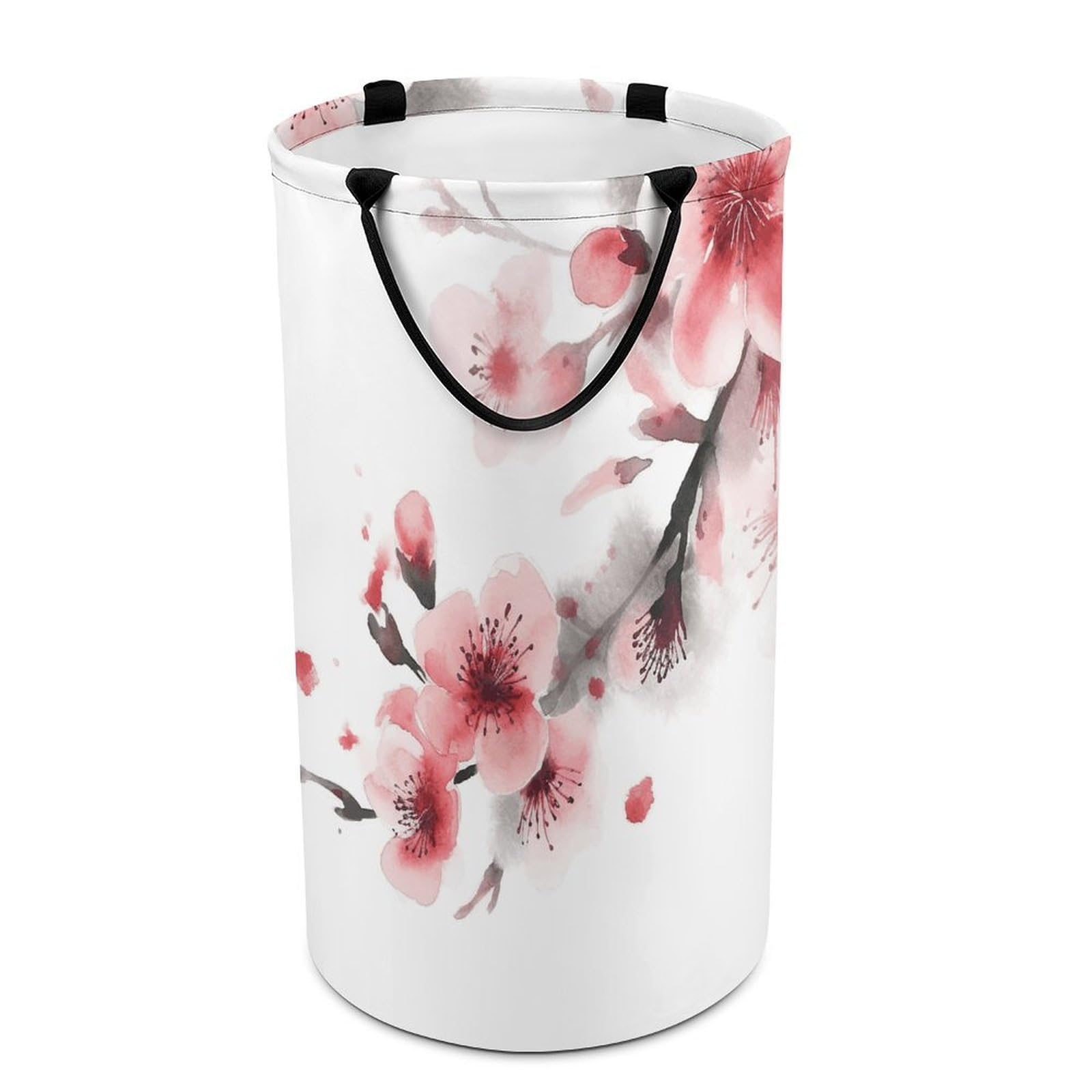 Asian Watercolor Pink Cherry Florals Laundry Basket Waterproof And Moisture-Proof Storage Bins Collapsible Round Laundry Hamper Perfect for Toys, Clothes And Sundries