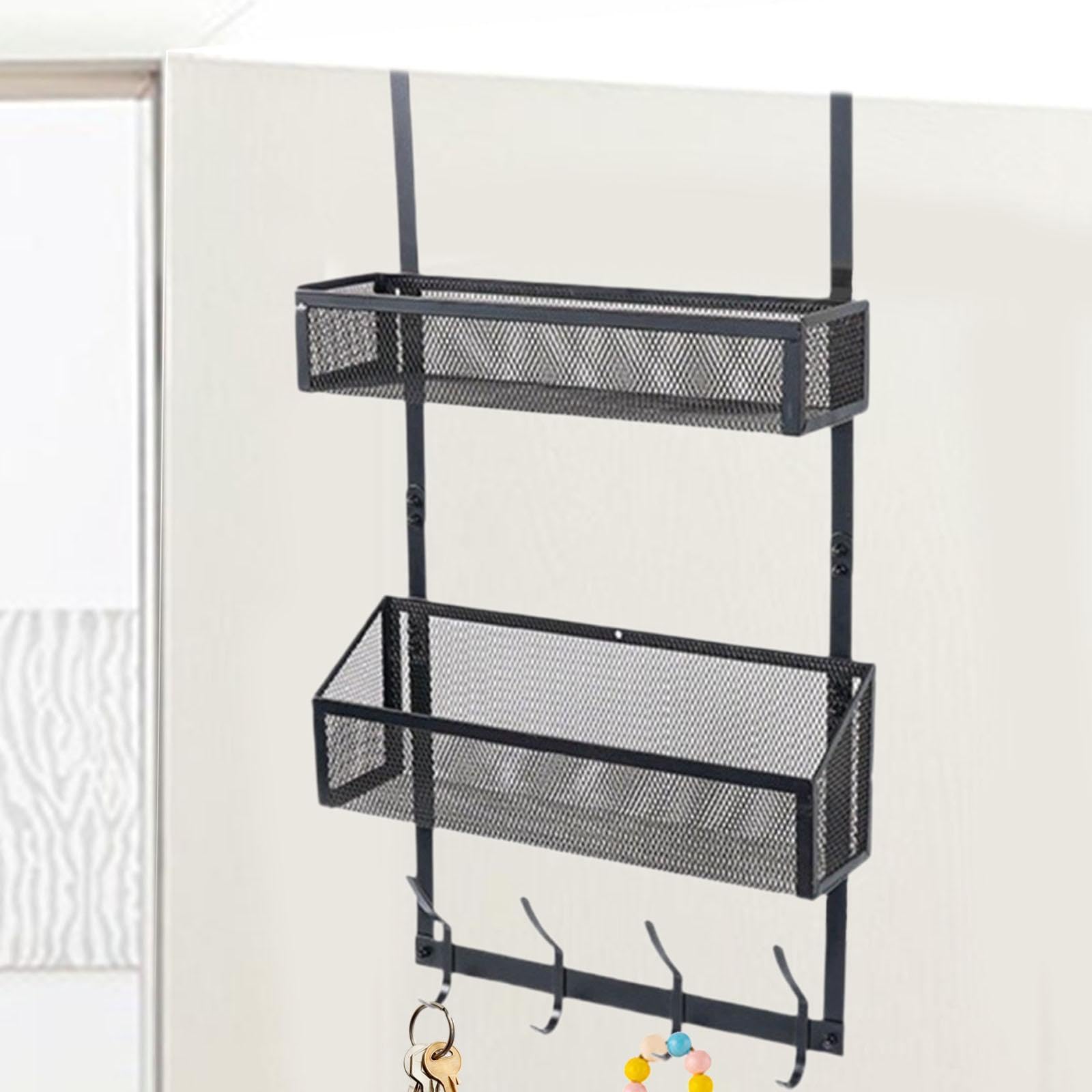 Organizador para Colgar sobre La Puerta con Ganchos, Cesta de Almacenamiento Colgante, Estante Colgante de Metal, Detrás de La Puerta, Material de Hie, Nivel Doble Negro, tal como se describe
