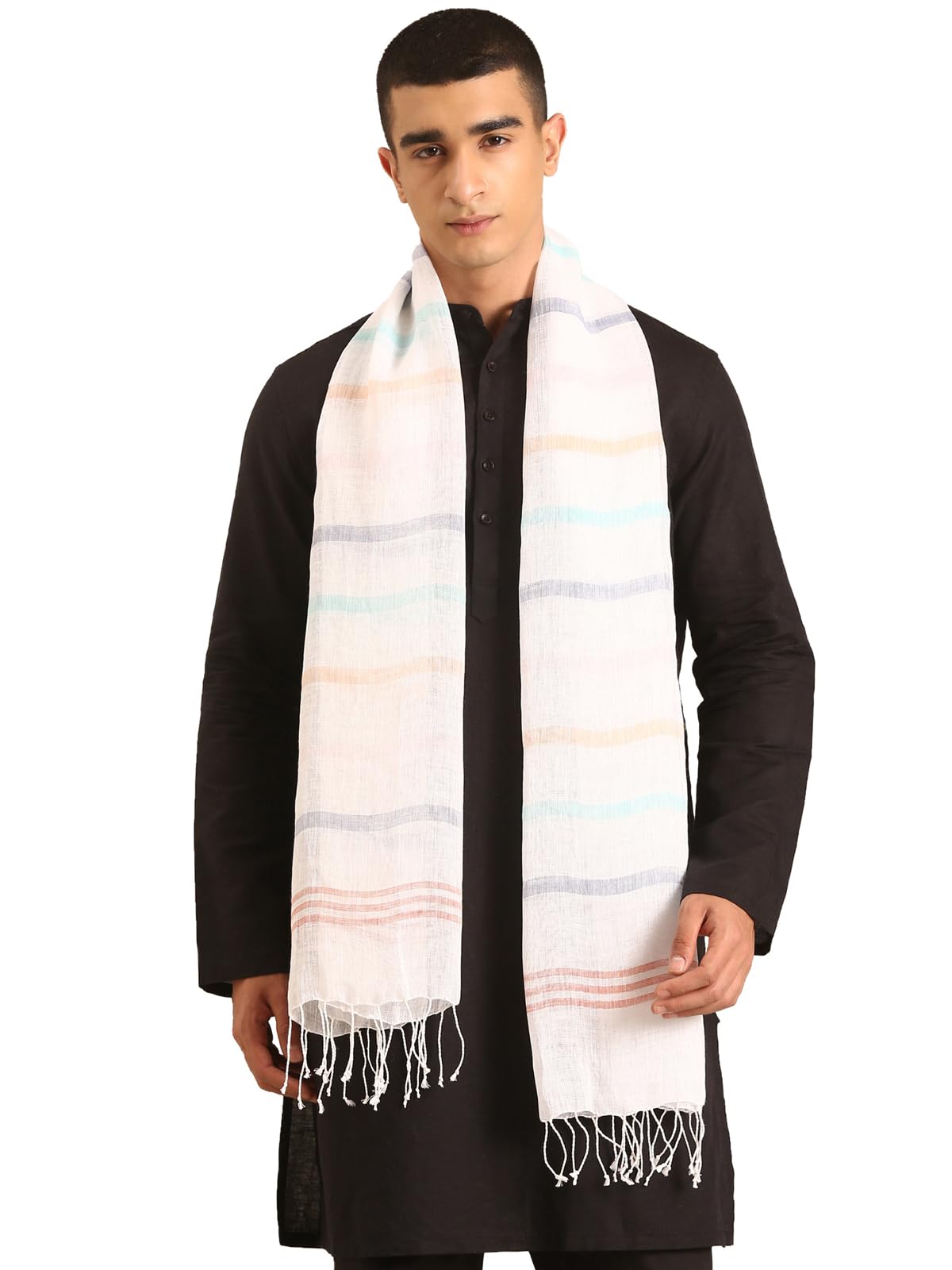 linen club Unisex Linen Stole Striped Off White (Size:Free Size)-picture-33