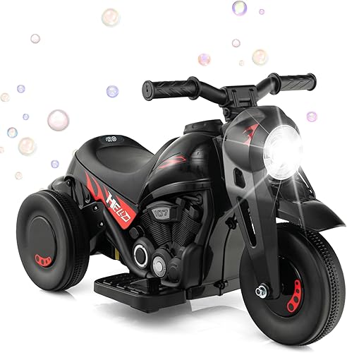 HONEY JOY Motocicleta de paseo de 6 V con fabricante de burbujas, luz LED, música, pedal de pie, adelanteatrás, motocicleta eléctrica de 3 ruedas