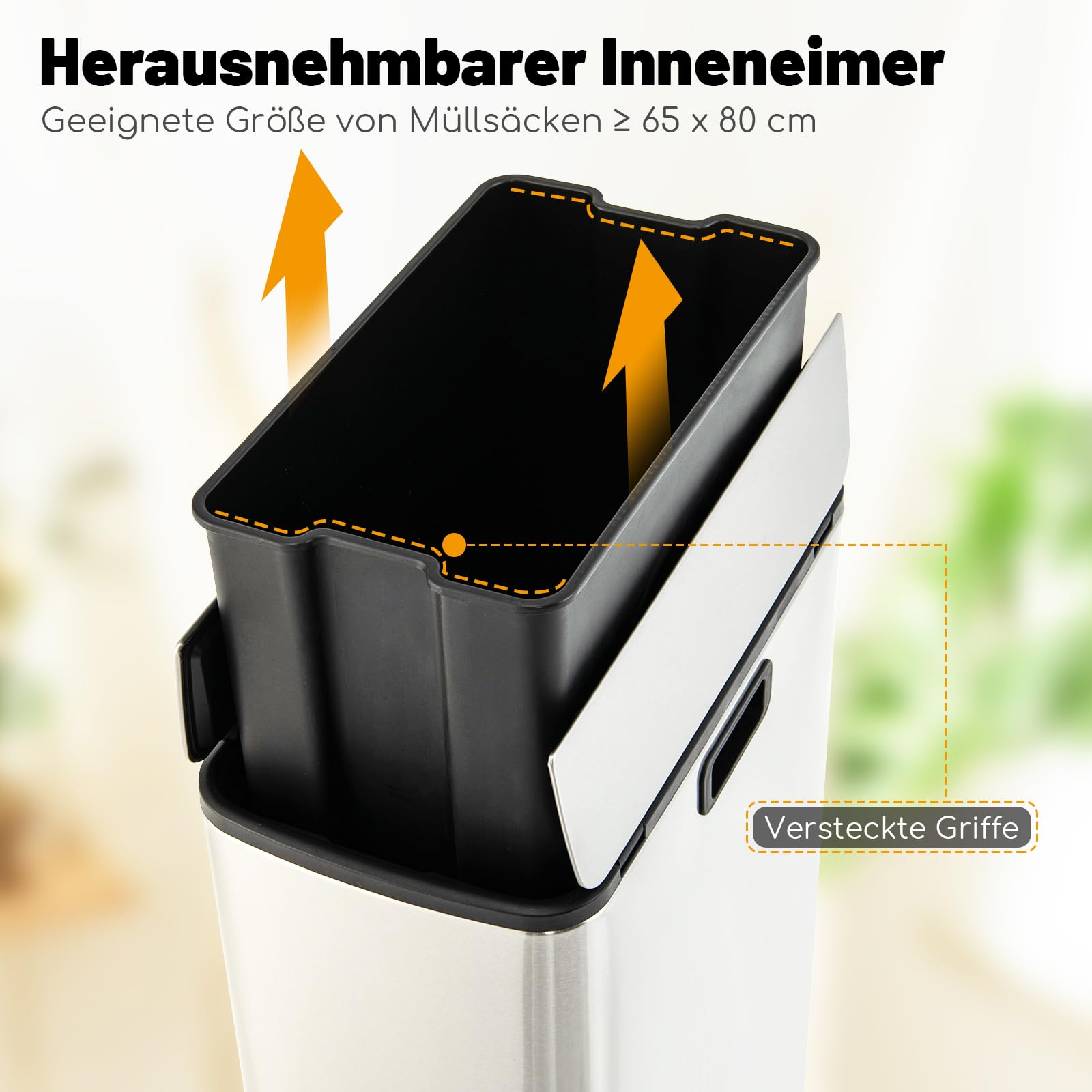 COSTWAY 46L Mülleimer Edelstahl, Küchenabfalleimer mit 2 Deckeln & Pedal & Griffe, Treteimer mit herausnehmbarem Inneneimer, Abfalleimer für Küche, Wohnzimmer, Badezimmer, Büro, 52 x 26 x 68 cm