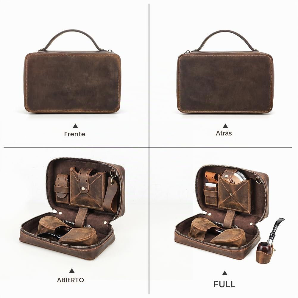 CONTACTS Bolsa de tabaco de cuero con soporte, funda de viaje con capacidad de 2 tubos, accesorios para pipas de fumar, organizador con correa de mano desmontable