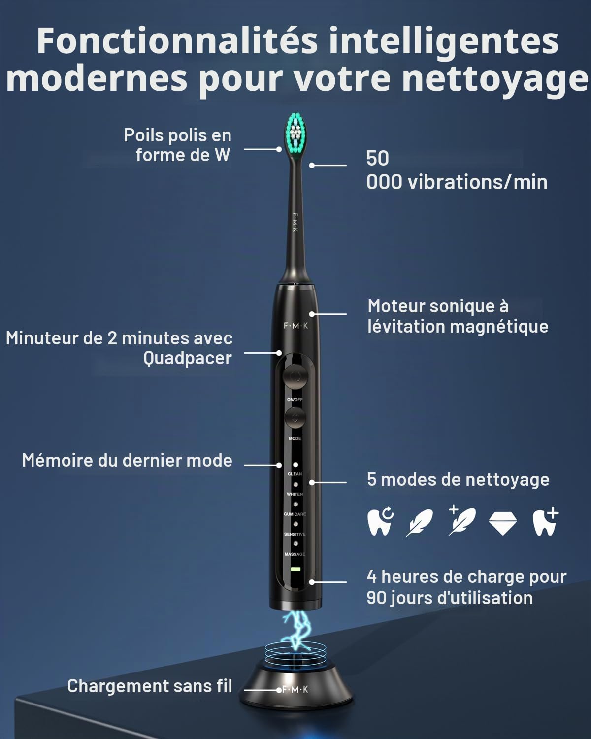Hydropulseur et brosse à dents électrique pour adultes - Irrigateur buccal et brosse à dents sonique 2-1 - Kit de nettoyage buccal (noir)