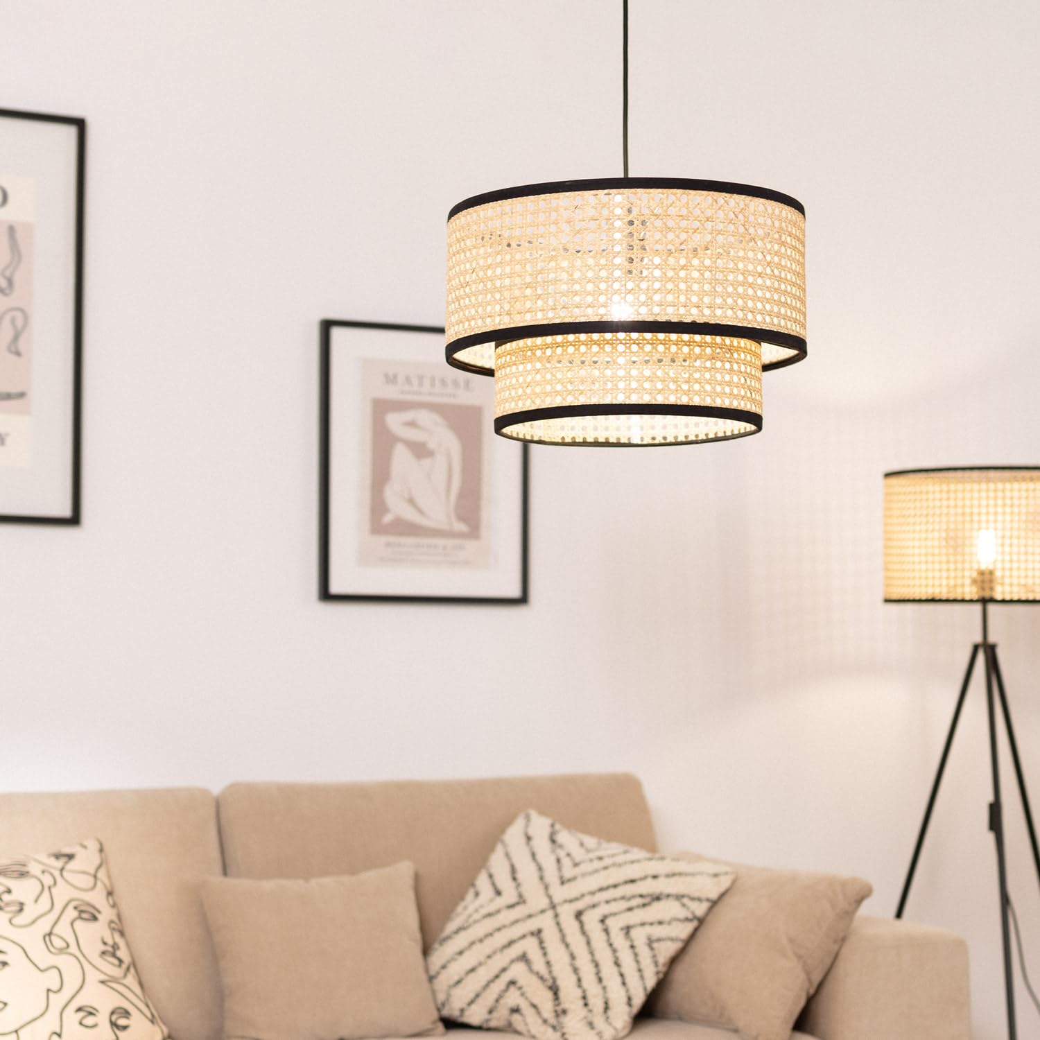 LEDKIA LIGHTING Lámpara Colgante Ratán Huela Doppio | Estilo Boho Natural | Casquillo E27 | No Incluye Bombilla | Uso Interior | Diseño Artesanal y Acogedor | Ideal para Salón; Comedor; Dormitorio