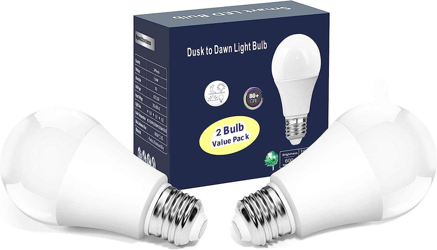 Torkase 13W Dusk to Dawn Light Bulbs- No Timer Required, 1100lm(100W Equivalent), 6000K Daylight, E26 A19 Automatic Sensor LED Bulbs, Built-in Photocell Detector for Boundary,Garage,Patio, 2-Pack