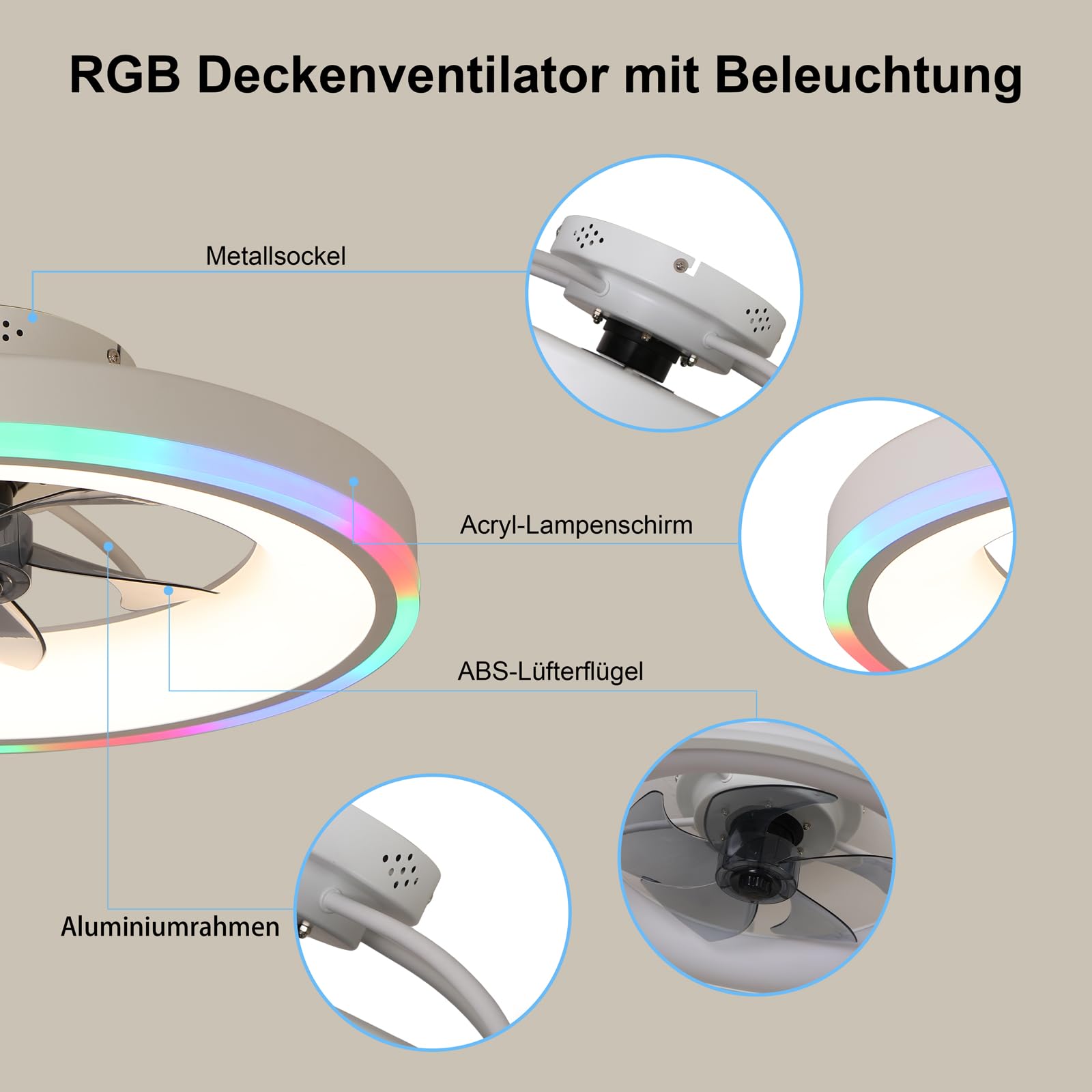50 cm Deckenventilator mit Beleuchtung, RGB-Licht, leise, Weiß | RGB Deckenventilator mit Licht, Fernbedienung, Deckenlampe mit Ventilator, 6 Geschwindigkeiten, dimmbar, Timer, Schlafzimmer