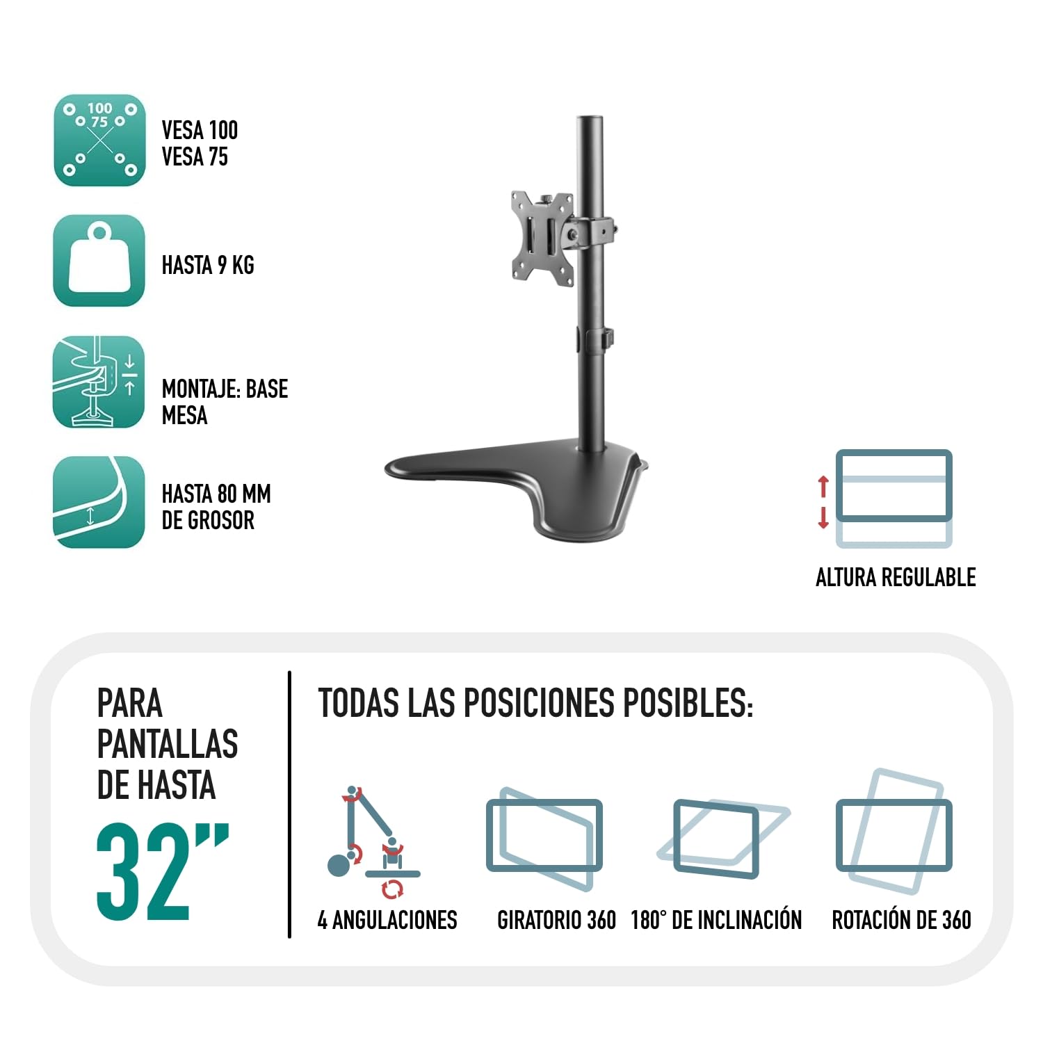 Soporte para 1 Monitores para 13”-32” Pantallas, Soporte Dos Monitores con Construcción Robusta, Brazo Monitor - Inclinación Ajustable ±45º/Giro 360º/Rotación 360º/Peso hasta 8KG/ VESA 75 y 100mm