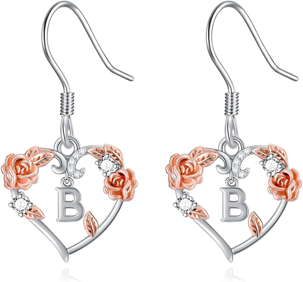 AOBOCO Christmas Gifts Rose Heart Earrings Valentine's Day Women's Gift, 925 Sterling Silver Rose Heart Initial Drop Dangle Love Earring Jewelry, Suitable for Mom, Wife, Girlfriend