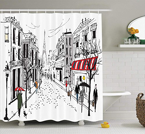 gwegvhvg - Biombo Decorativo de París, ilustración de Antiguas Tiendas de peatones franceses, árboles y Siluetas de Eiffel, decoración de Dados, diseño Urbano, Color Gris y Blanco