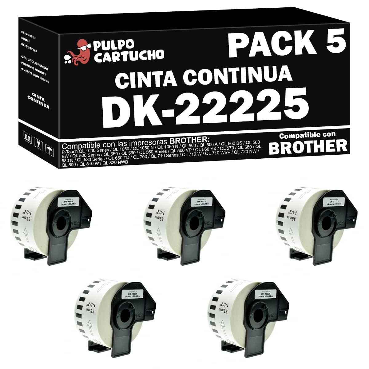 Pack de 5 Compatible Brother DK22225 - Etiquetas Genéricas de Tamaño personalizado - Ancho 38mm x 30,48 metros - Texto negro sobre fondo blanco. Cinta continua DK-22225 papel térmico blanco.