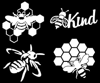 Bee Decal 4 Pack: Honey Bee, Honeycomb with Bee, Bee Kind, Honey Bee Decals (Small ~3.5", White)