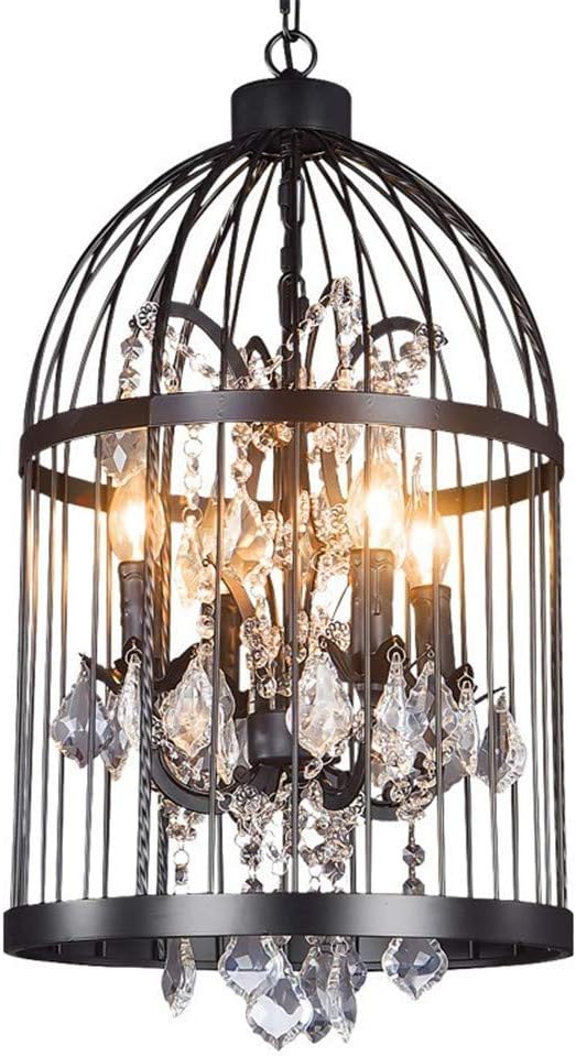 RUNNUP Industrial 13.78" 4 Lights Pendant Retro Chandelier Vintage Ceiling Light lamp Bird Cage Shaped Bedroom Pendant Hanging Lighting Fixture with Crystal Accent in Black Finish