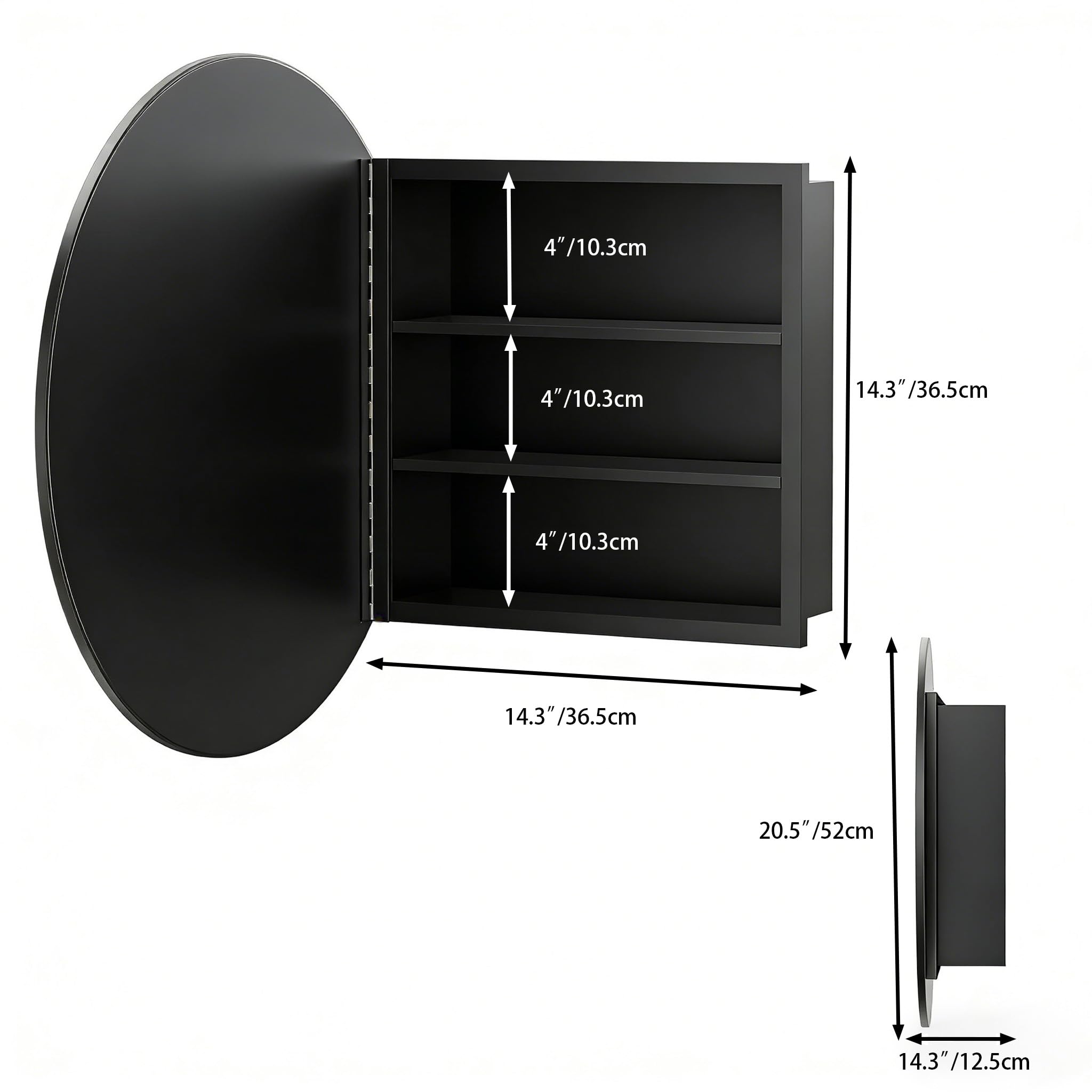 Armoire Salle de Bain avec Miroir Murale Arrondi Métal Armoire de Toilette Miroir avec 2 Étagère Noir (Aucun Assemblage requis) 52x52x12.5 cm
