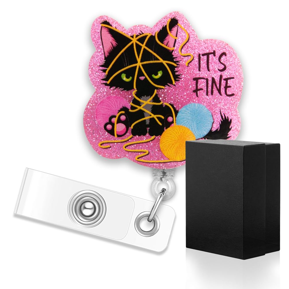 ERHACHAIJIA It's Fine Retractable Pink Glitter Badge Reel with Clip, Funny Black Cat ID Card Badge Holder Gift for Nurses Doctors Office Worker Social