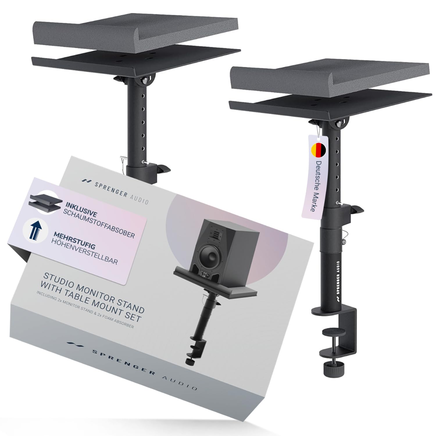 Lautsprecher Ständer mit Tischhalterung – Neigbar ±20°, bis 28 kg – Inkl. Schaumstoff-Absorber – Stabil & Robust – Für Studio, Schreibtisch & DJ-Setup - Schwarz