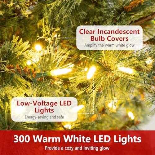 Image of Goplus 7 FT Pre-Lit Artificial Christmas Tree, Cashmere Xmas Tree with 502 Pine Needles, 300 Warm White LED Lights with Bulb Cover, Natural Pine Cones, Foldable Metal Stand, Home Office Decoration