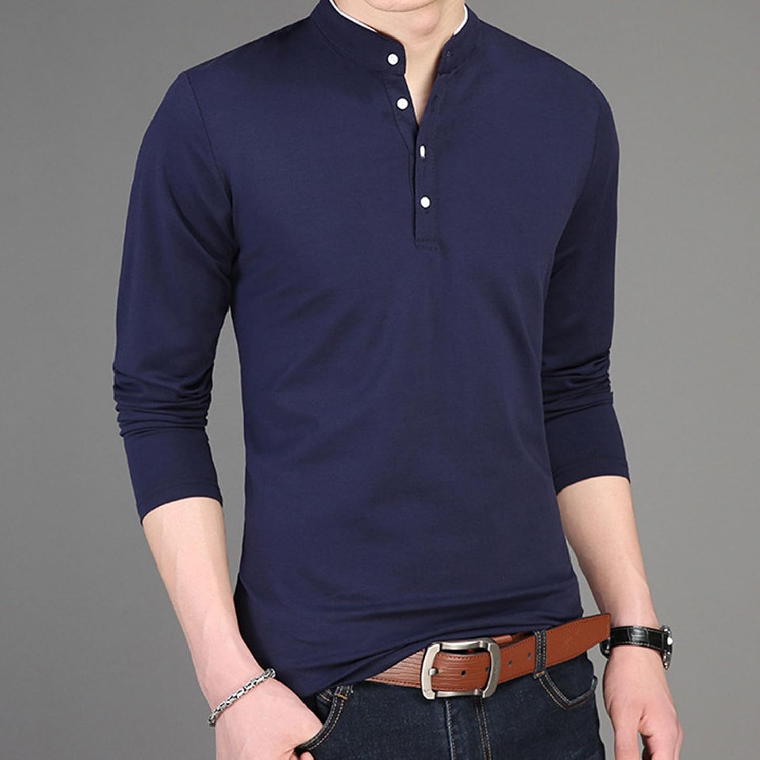 Mens Casual Basic Henley Shirts Slim Fit Button-Up Solid Color Pullover Shirt Fashion Vintage Long Sleeve T-Shirt