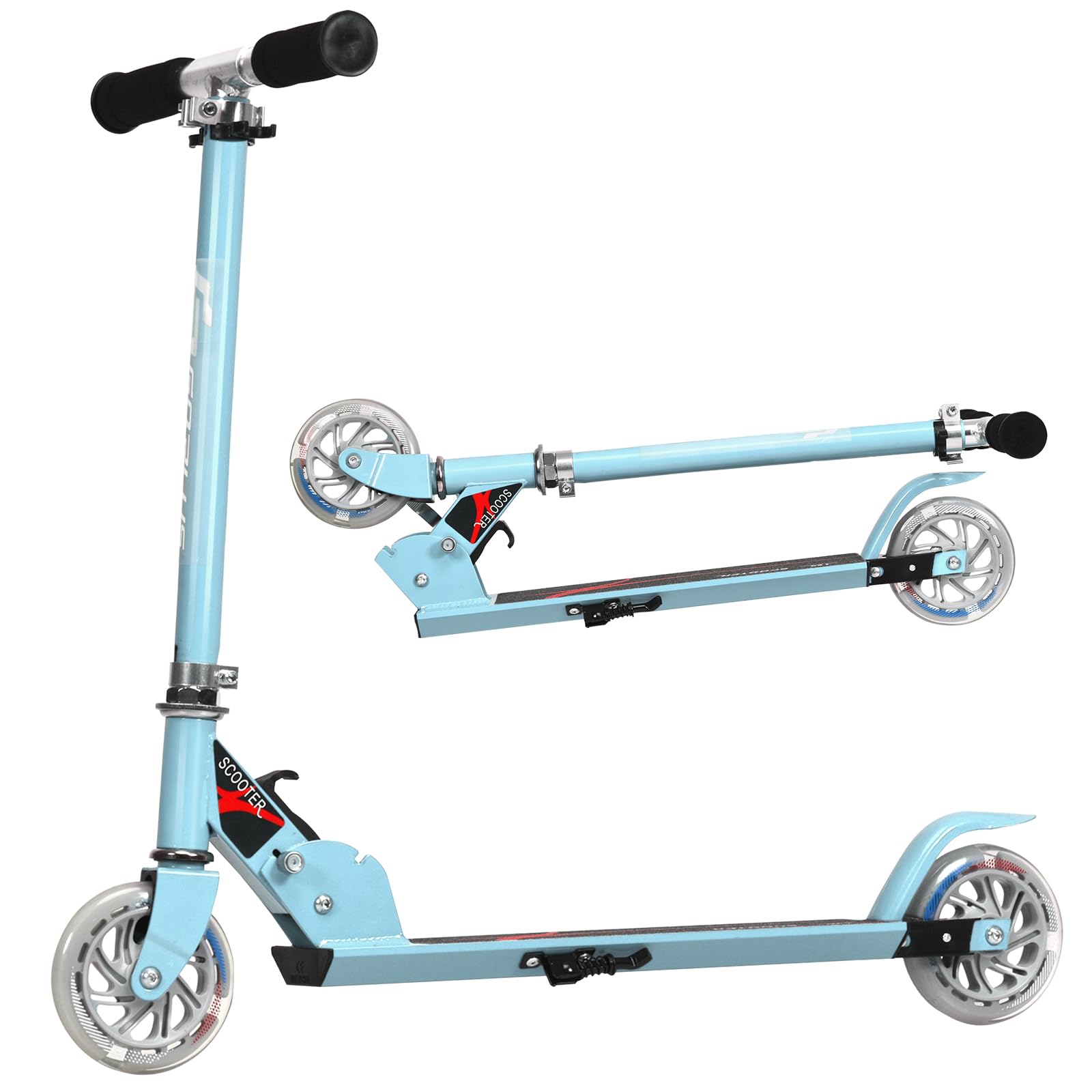 KOMFOTTEU Trottinette Enfant avec 2 roulettes, LED et Frein, Planche à roulettes Pliabl, Hauteurs réglables 63-85 cm, Scooter en Aluminium, Charge jusqu'à 70 kg, Enfants Plus de 4 Ans