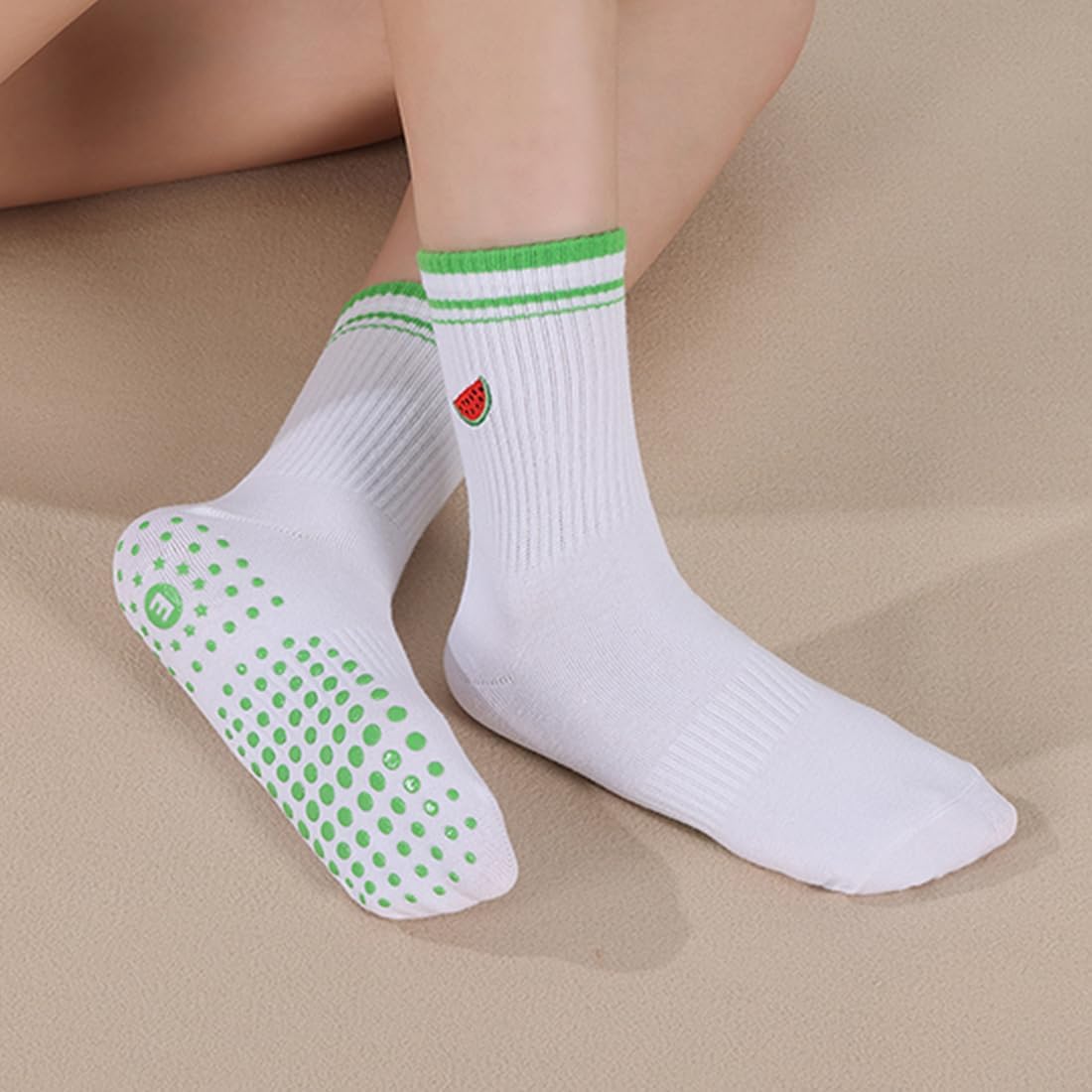 EUDOLAH Cute Yoga Socks for Women Pilates Barre Breathable Non-Slip Crew Grip Sock With Stripes Anti-friction Athletic Socks