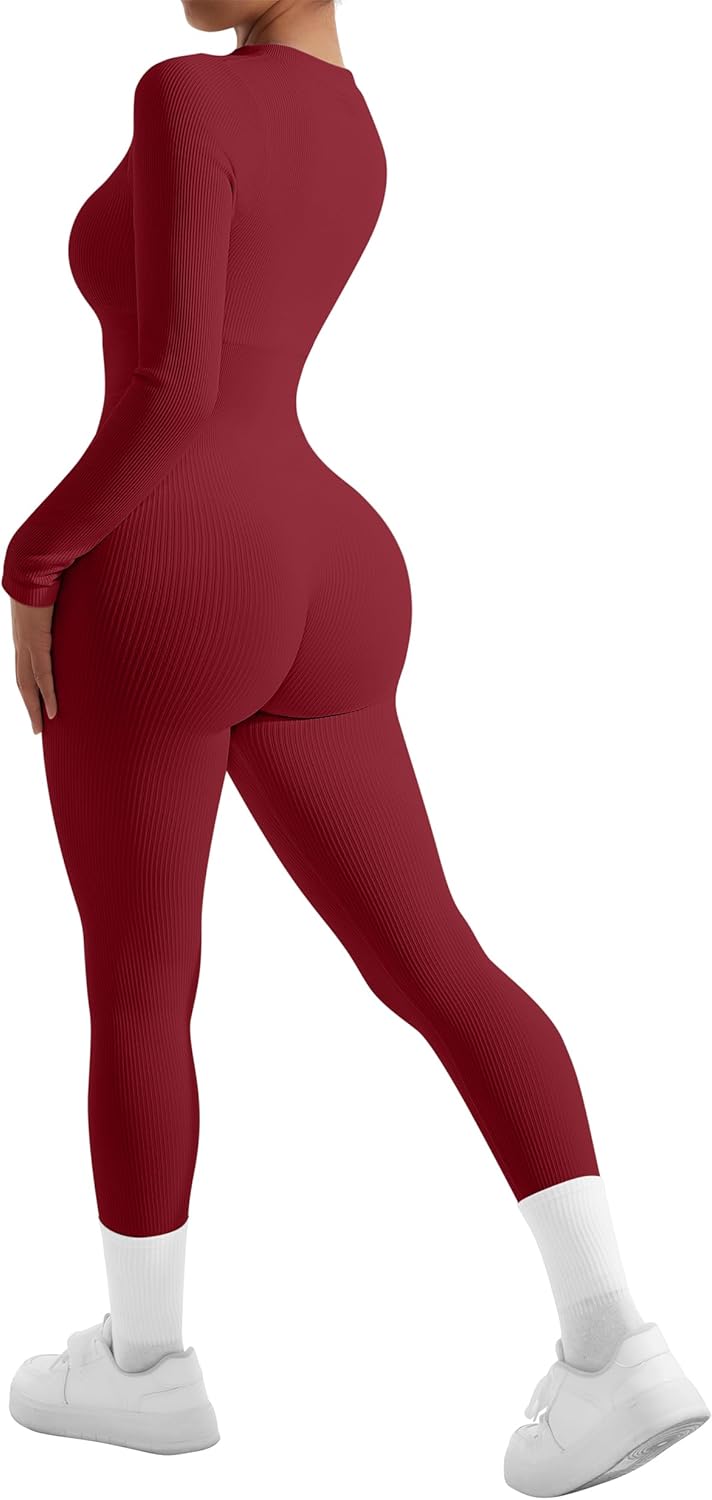 SUUKSESS Women Long Sleeve Ribbed Jumpsuit Zip up Front Workout Bodycon Romper - Image 6