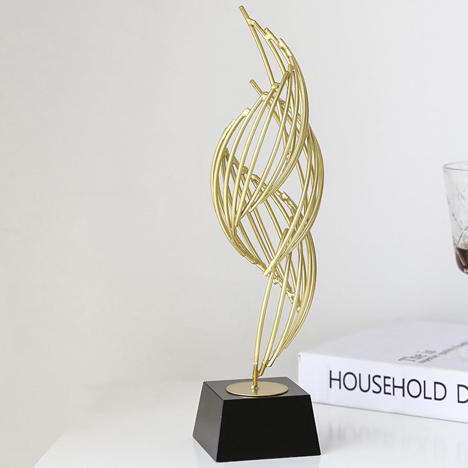 AUNMAS Metal Abstract Statue, Decorative Sculpture with Base Modern Luxury Metal Abstract Art for Home Decor, Desk Shelf Statue, Handmade Craft Iron and Glass, 26x7x7cm (Classic Black)