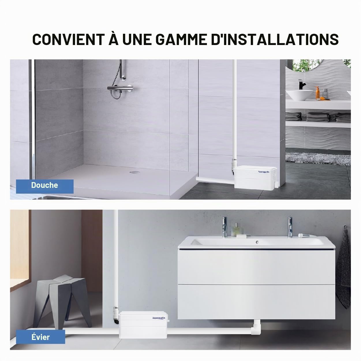 Aquamatix Duscha Pompe de douche 250W Pomp de Relevage Broyeur Sanitaire 10m Distance de pompage verticale 135L/minpour douches, éviers 2 entrées