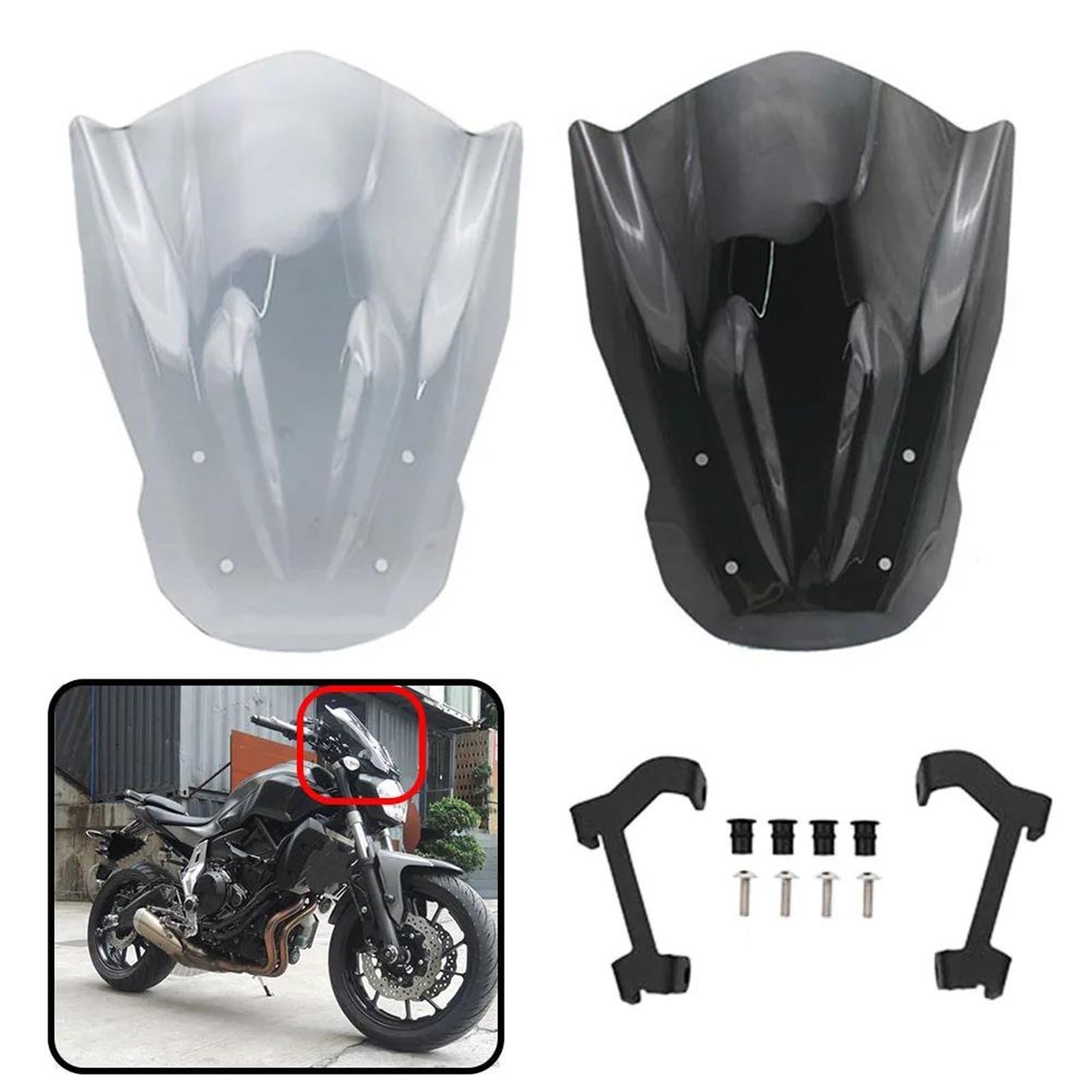 Cupolino Per Moto Per YAMAHA MT07 2014-2017 | Per FZ07 FZ MT 07 Parabrezza E Deflettori Con Staffa Di Montaggio Cupolino Paravento(Nero)