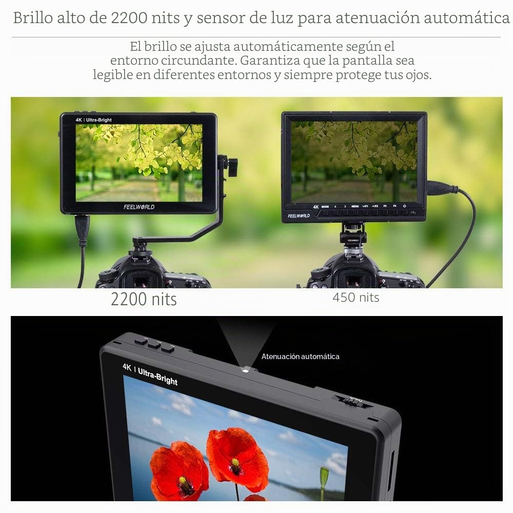 Feelworld LUT7S 7 Pulgadas 2200nit Ultra Brillante 3D Lut Touch Screen DSLR Cámara Monitor de Campo 1920x1200 IPS 4K HDMI 3G SDI DC Output Forma de Onda Sensor de Luz