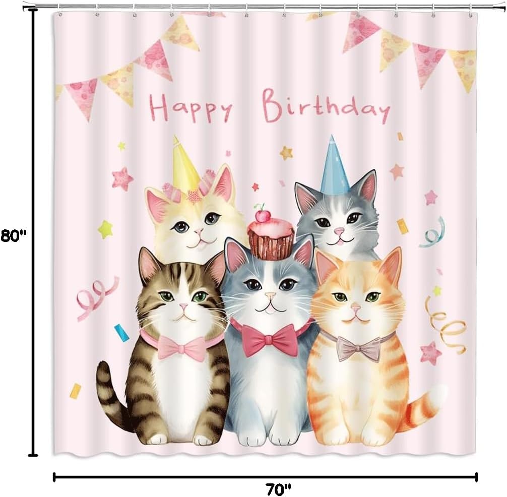 Happy Birthday Shower Curtain Cute Cartoon Cat Lovely Pet Cupcake Cone Hat Star Coloured Ribbon Celebration for Girls Woman Bathroom Decor Polyester Fabric Curtains with Hook 70Wx80H Inches
