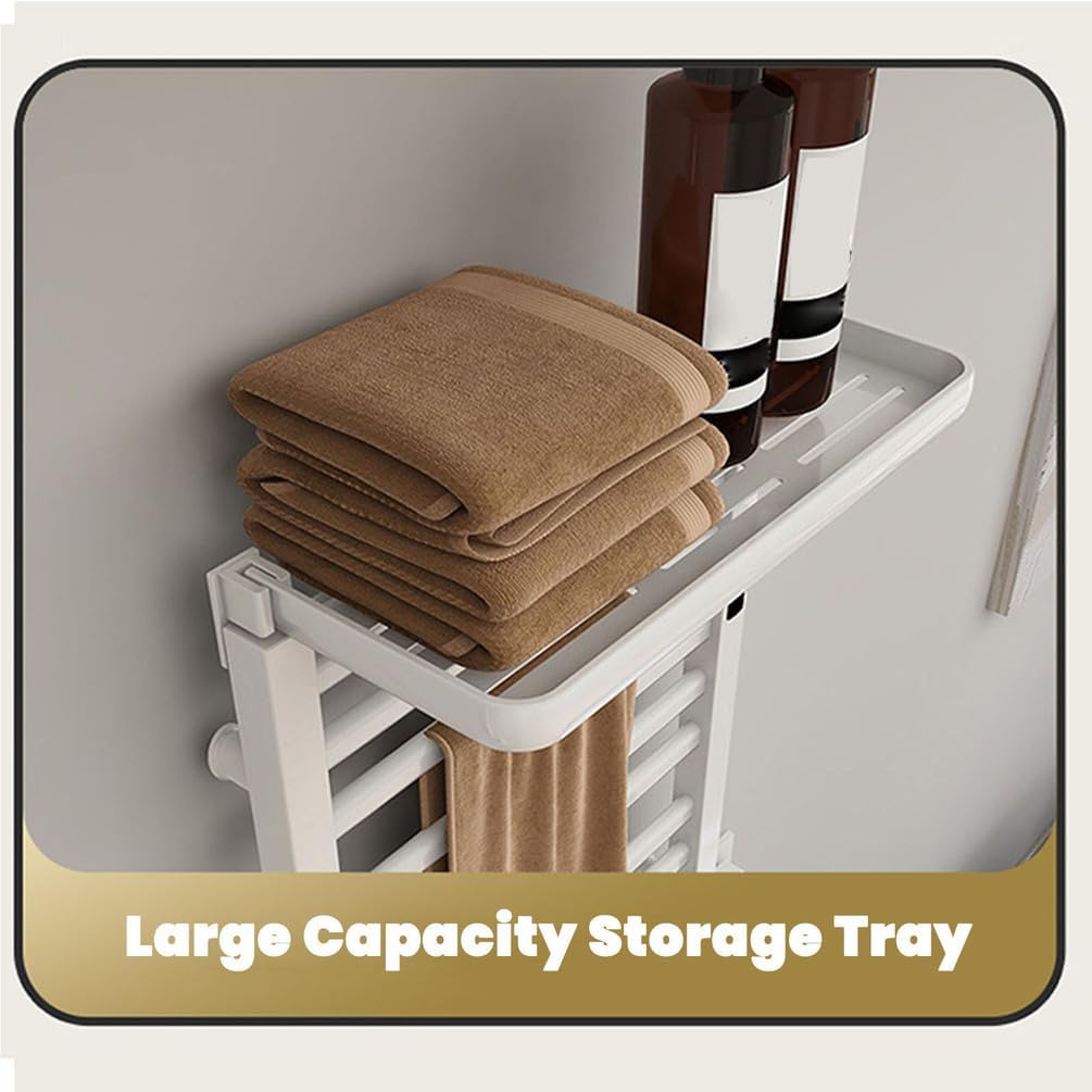 Heated Towel Warmer Wall Mounted, Electric Hot Towel Rack with Top Shelf, Large Towel Drying Rack with 1-9H Built-in Timer Temperature Adjustment, Plug in,A White,Right Line