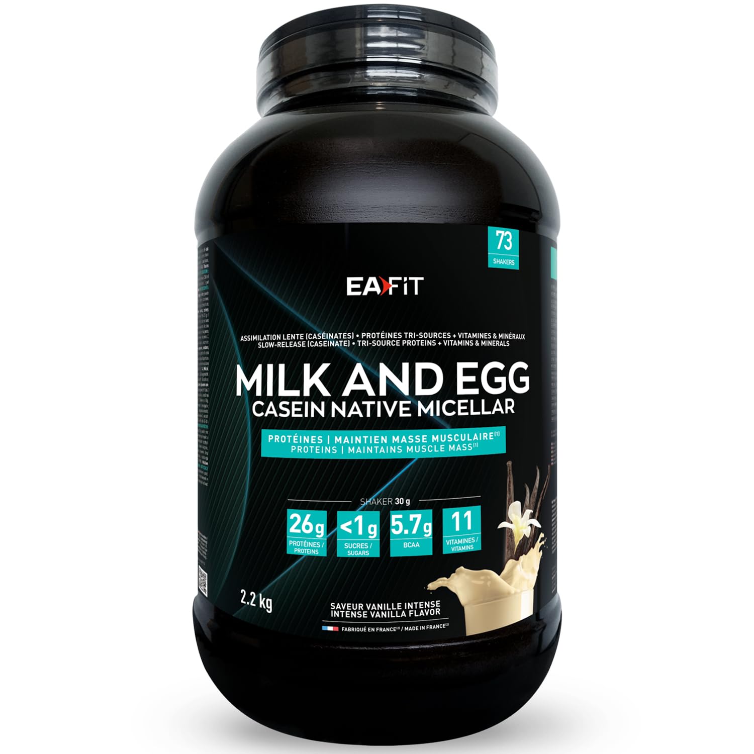 EAFIT Milk Egg 95 Micellaire 2,2kg - Vanille - Proteine de Caseine - Protéine musculation - Maintien masse musculaire - Assimilation lente - Marque Française - Anti-dopage - 73 portions