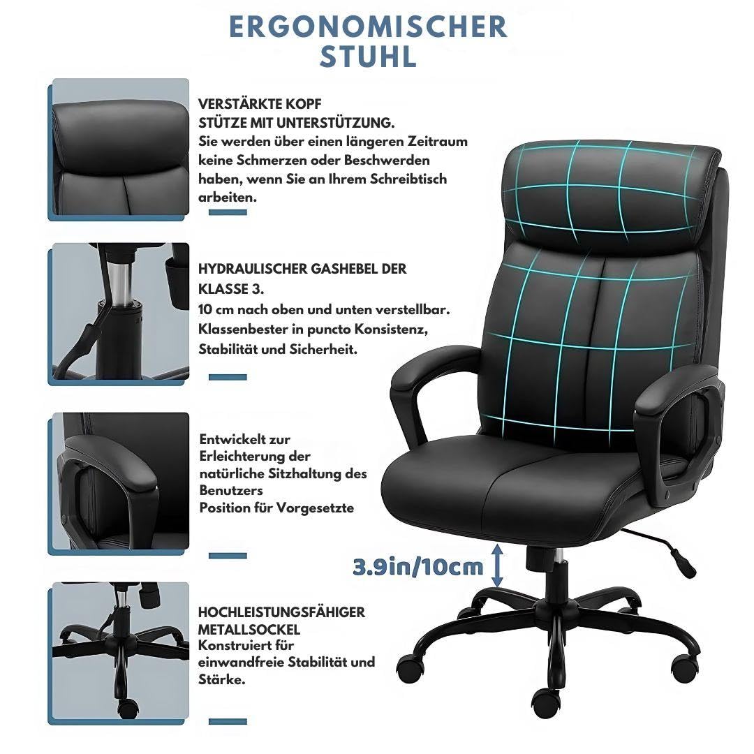 Ergonomischer Bürostuhl - Höhenverstellbar, Komfortabel mit Wippfunktion und Netzrücken. Robustes Metallgestell, belastbar bis 150 kg. Farben: Schwarz und Grau. (Kunstleder, Schwarz)