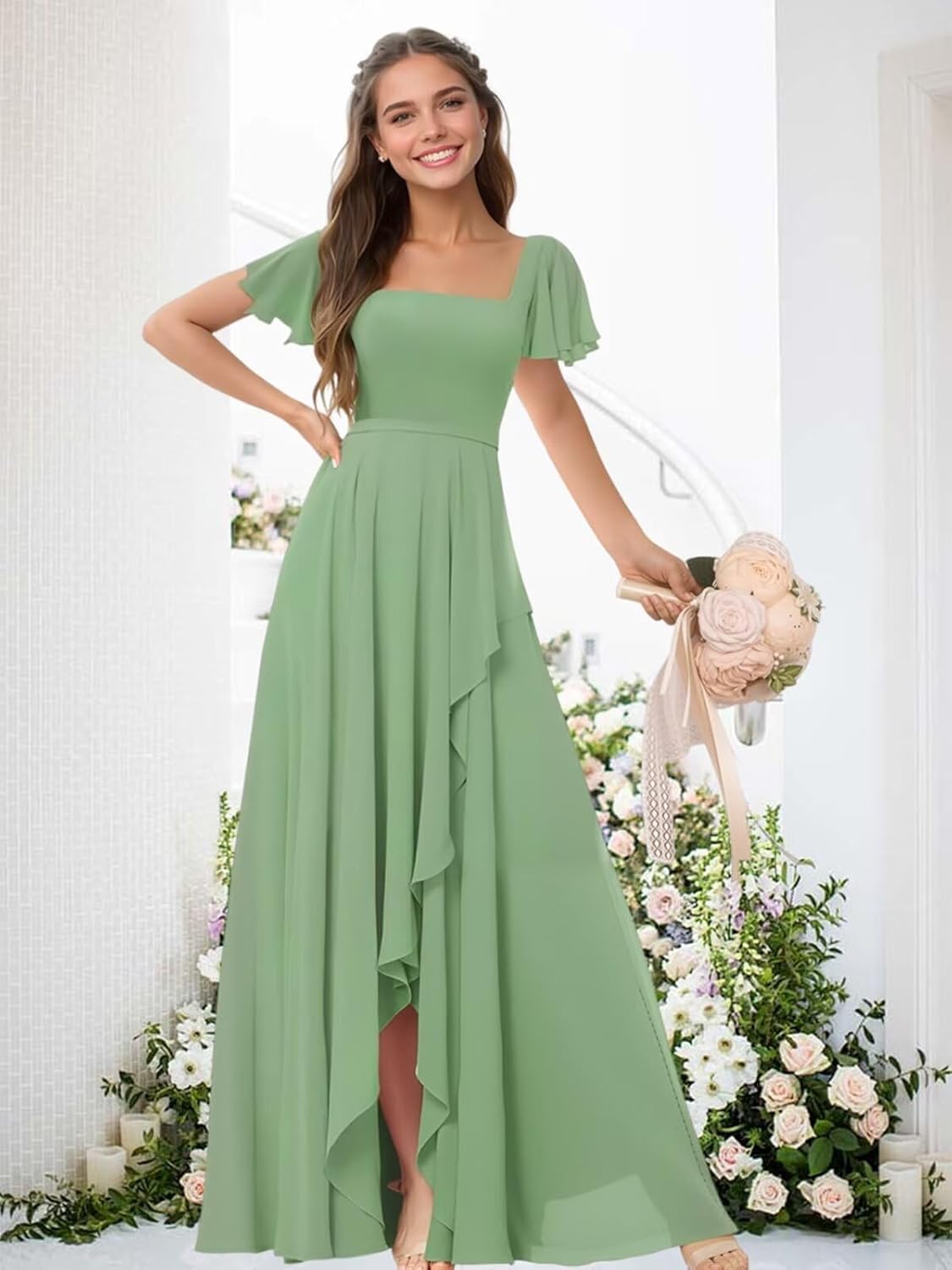 Square Neck Bridesmaid Dresses for Women Chiffon Flutter Sleeves Evening Formal Dress with Slit
