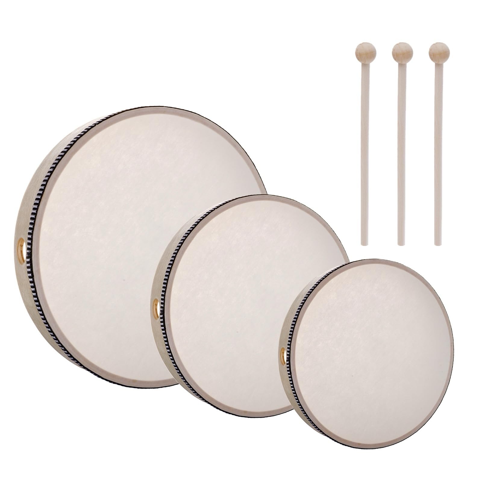 3pcs Hand Drum Percussion Wood Frame Drum with Drum Stick 10 Inch 8 Inch 6 Inch Percussion Instruments Preschool Musical Education Performance Pro (Wood Color, 10 Inch 8 Inch 6 Inch)
