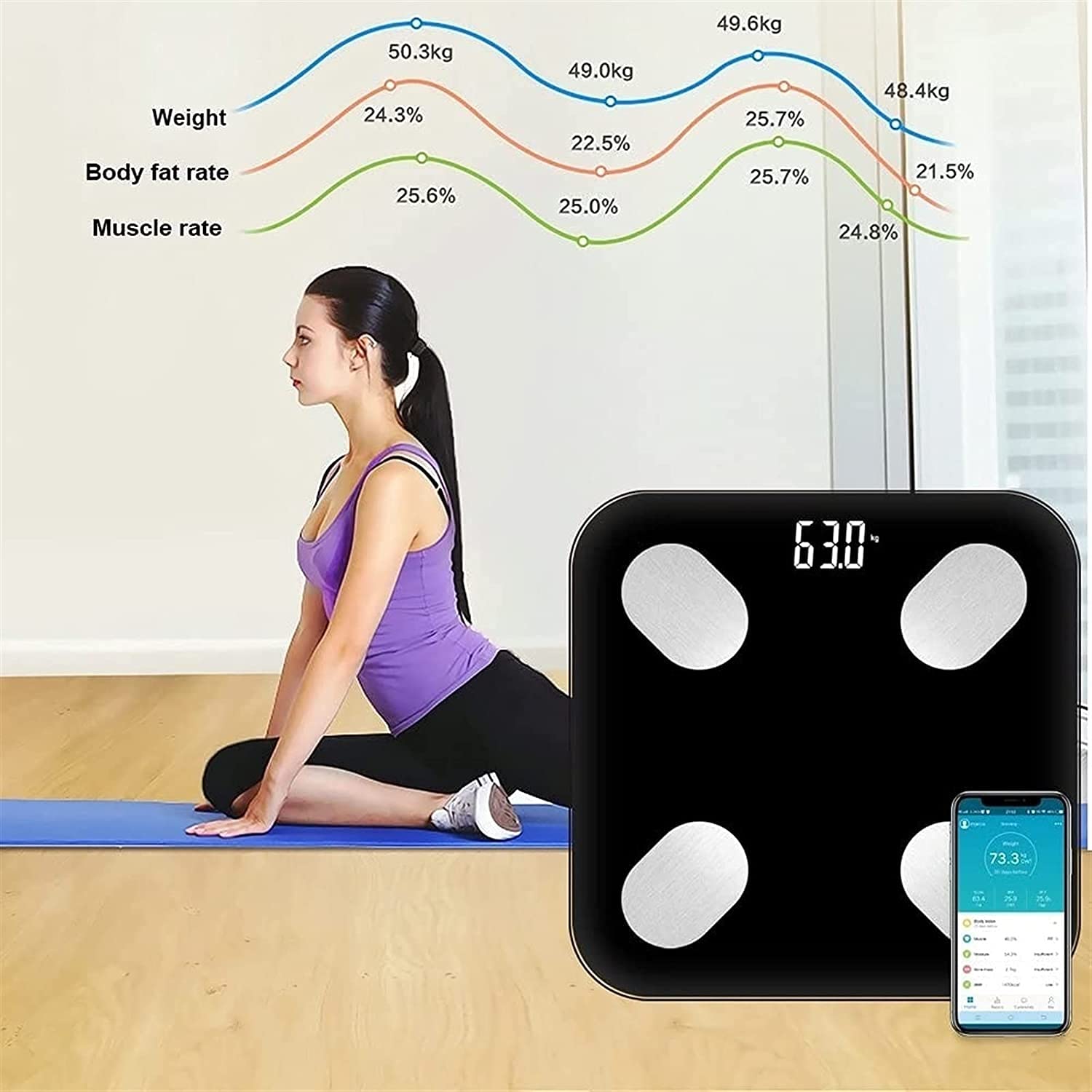 Bilancia Digitale per Il Peso corporeo, Bilancia Wireless ad Alta precisione con App per Smartphone, Bagno Intelligente con sensore di BMI e per più utenti, Vetro temperato Robusto, 400 libbre/180 kg