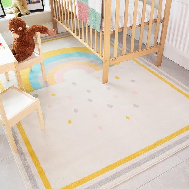 Kids Rainbow Small Rug Durable Multi Coloured Cream Girls Boys Nursery Bedroom Playroom Rugs 80cm x 150cm