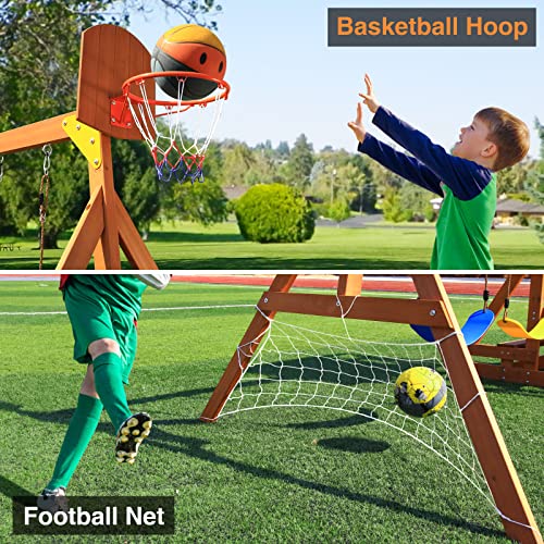 Suniboxi Wooden Swing Set/Playset Made For Small Yards And Kids Toddlers Age 3-6, 6-In-1 Playground Set With Picnic Table Drawing Board Sandboxes Basketball Hoop Soccer Net #TOP6