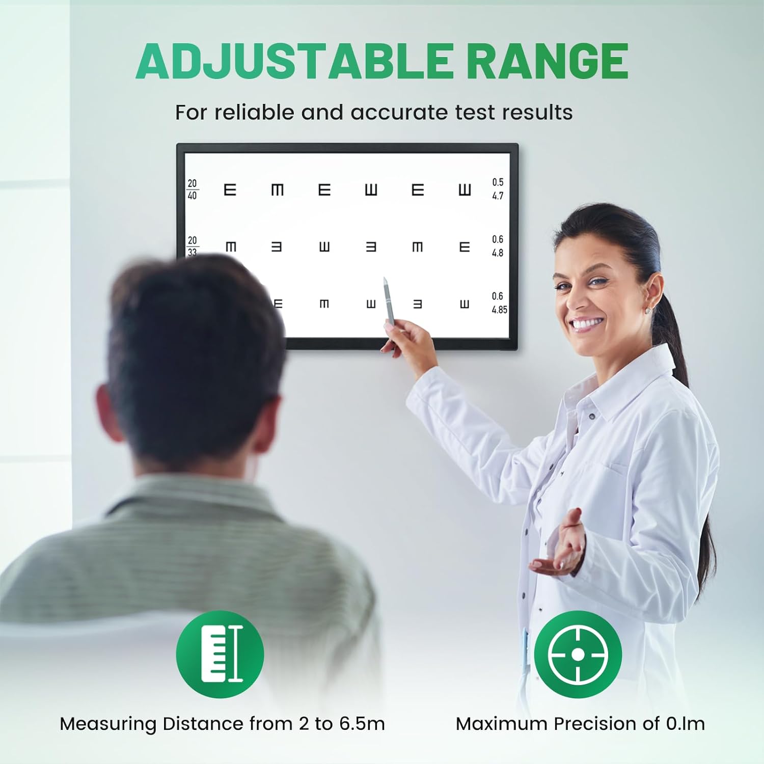 Optometrist pointing at a digital eye chart, demonstrating adjustable measuring distance.