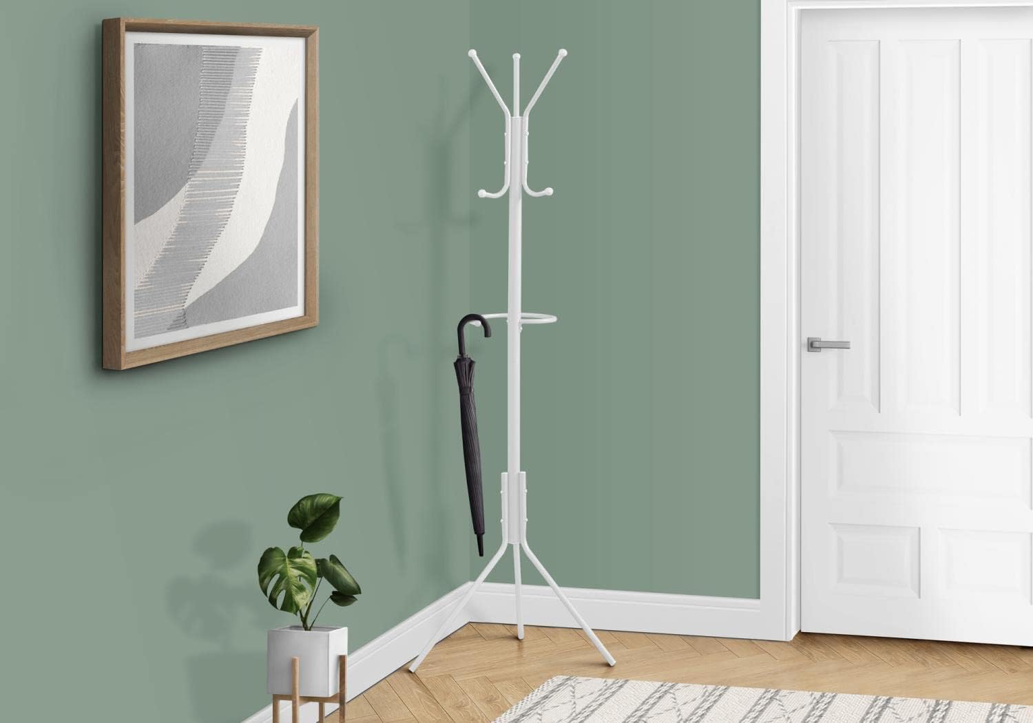 Monarch Specialties I 2164 Coat Rack, Hall Tree, Free Standing, Hanging Bar, 6 Hooks, Entryway, 68" H, Bedroom, Metal, White, Contemporary, Modern