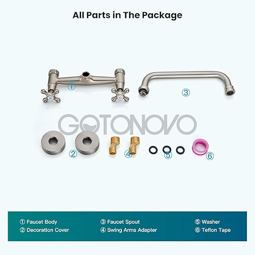 Miniatura 9 de gotonovo Grifo de montaje en pared de níquel cepillado de 8 pulgadas, 2 pomos cruzados, mango victoriano comercial con boquilla de 9 pulgadas