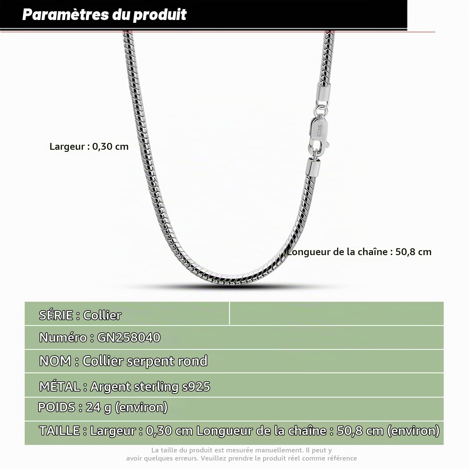Dankadi Collier en Forme Serpent 3MM 4MM de Largeur en 925 Argent Sterling, 16”-30” Chaîne Serpentine Maille Ronde Or 41-76CM Cadeau Bijoux Fête Anniversaire pour Homme Femme