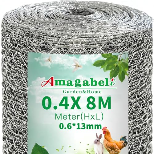 Amagabeli Maschendrahtzaun Sechseckgeflecht Maschenweite 12.7 mm Höhe 40 cm Länge 8 mDrahtzaun Hasendraht Kaninchendraht Hühnerdraht Verzinkt Silber