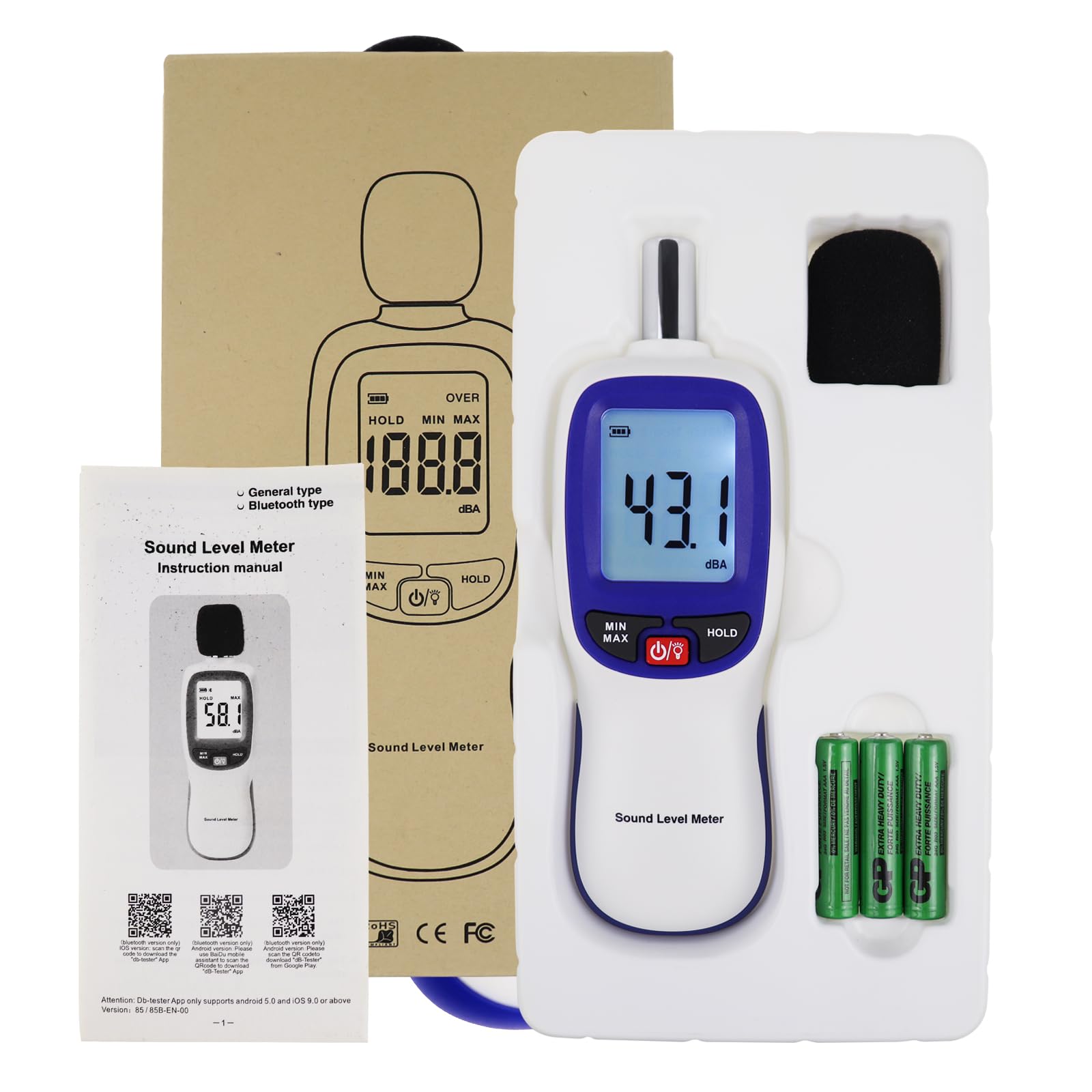 Digital Schallpegelmesser, Schallpegelmessgerät mit Bluetooth-fähiges, Dezibel Messgerät 30~130dBA Bereich MAX/MIN Datenhold mit LCD-Display und Hintergrundbeleuchtung für Zuhause, Schule