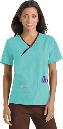 Landau Urbane Scrubs 9534 - Camiseta cruzada para mujer con doble bolsillo, Azul, XS
