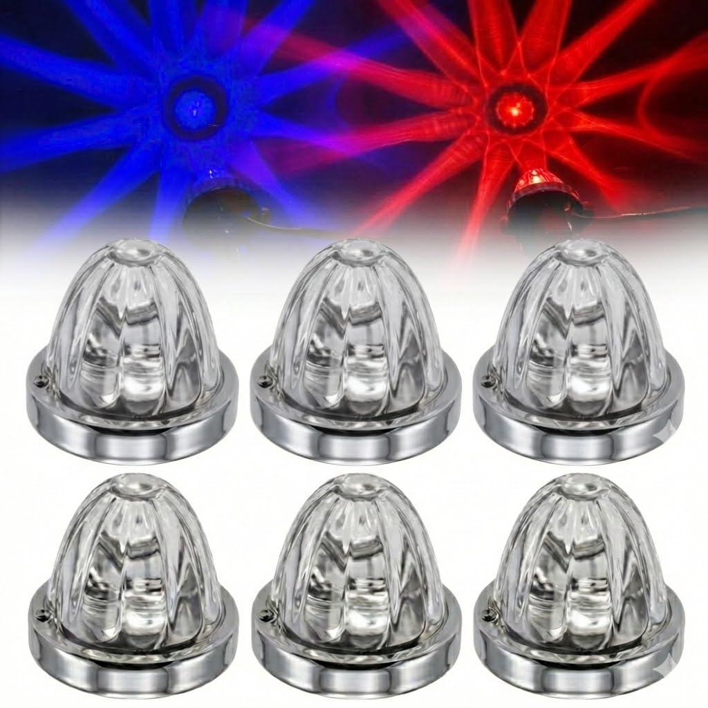 6 Pack Glass Watermelon LED Lights for Semi Trucks, Star Pattern Marker Lights with Strobe &amp; Steady Modes, 10-30V Amber/Green/Red Dual Color Watermelon Marker Lights with Brackets (Red&amp;Blue 6PCS)